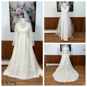 Gorgeous Vintage 1960s/70s Lace Gown & Crinoline Slip!